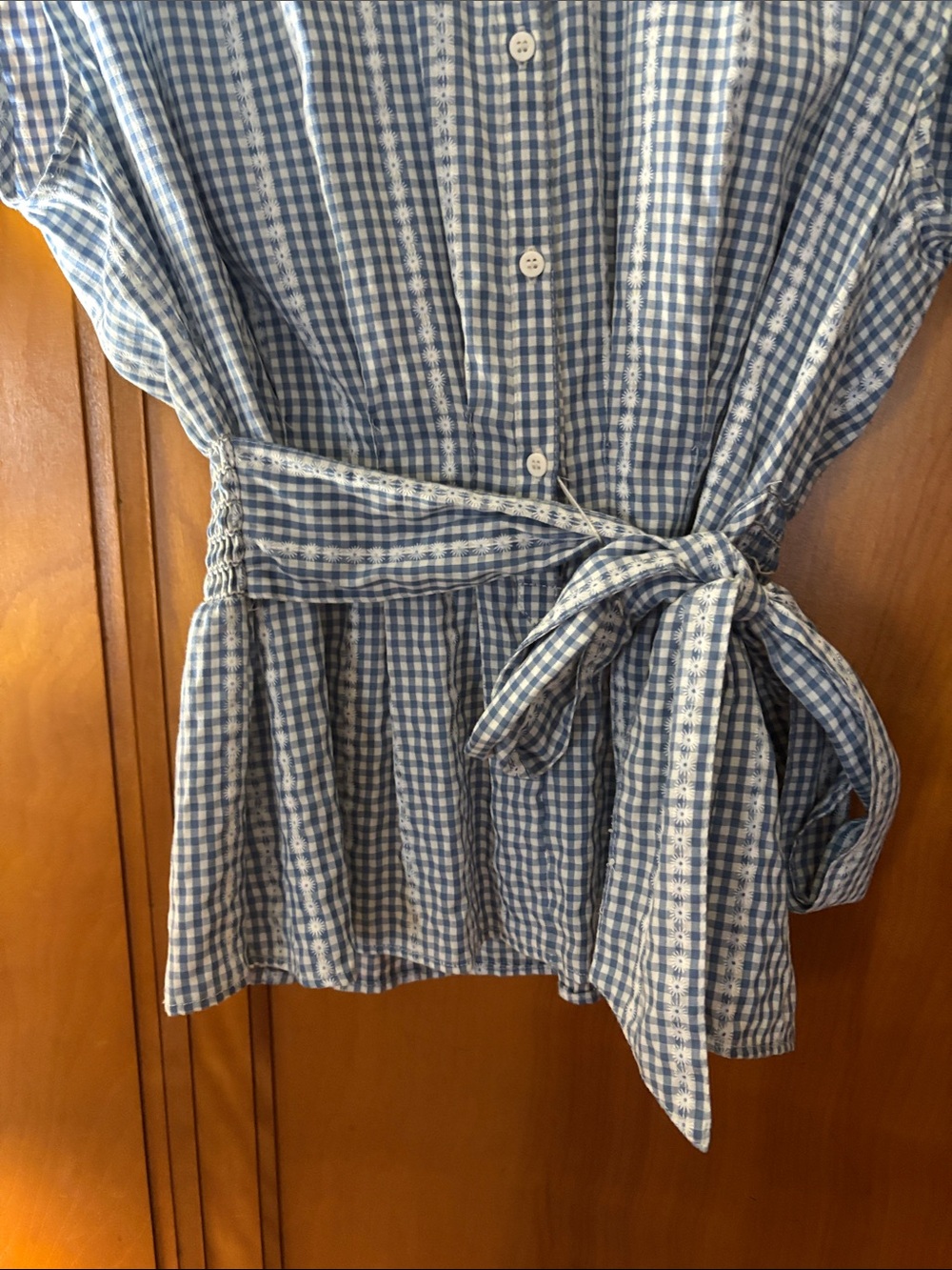 Max Studio Blue and White Gingham Tie-Waist Button-Down Top; sleeveless; M - Picture 2 of 11